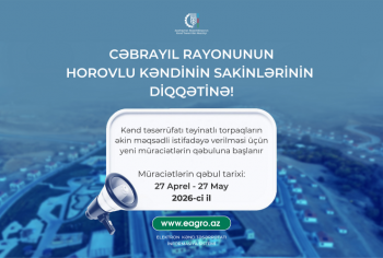Cəbrayılın Horovlu kəndində torpaqların əkin məqsədli istifadəyə verilməsi üçün müraciətlərin qəbuluna başlanır
