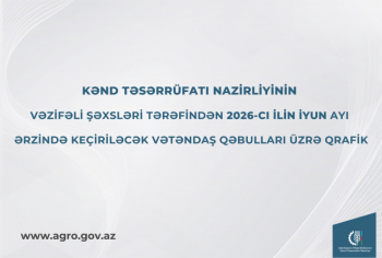 Kənd Təsərrüfatı Nazirliyinin vəzifəli şəxslərinin iyun ayında bölgələrdə keçirəcəyi vətəndaş qəbullarının qrafiki təsdiqlənib