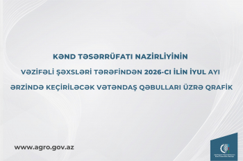 Kənd Təsərrüfatı Nazirliyinin vəzifəli şəxslərinin iyul ayında bölgələrdə keçirəcəyi vətəndaş qəbullarının qrafiki təsdiqlənib