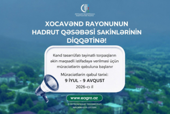 Xocavəndin Hadrut qəsəbəsində torpaqların əkin məqsədli istifadəyə verilməsi üçün müraciətlərin qəbuluna başlanır