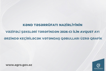 Kənd Təsərrüfatı Nazirliyinin vəzifəli şəxslərinin avqust ayında bölgələrdə keçirəcəyi vətəndaş qəbullarının qrafiki təsdiqlənib